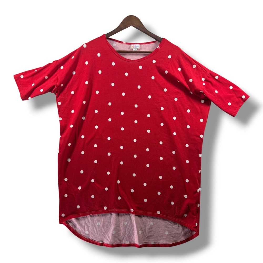 LuLaRoe Irma Tunic Top Red White Polka Dot High Low Short Sleeve Womens Medium